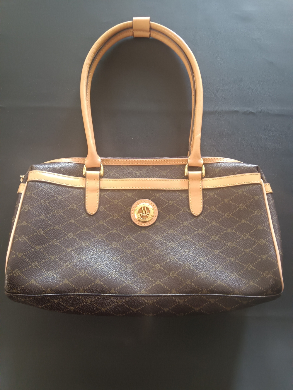 Brown Monogram Shoulder Bag with Tan Trim